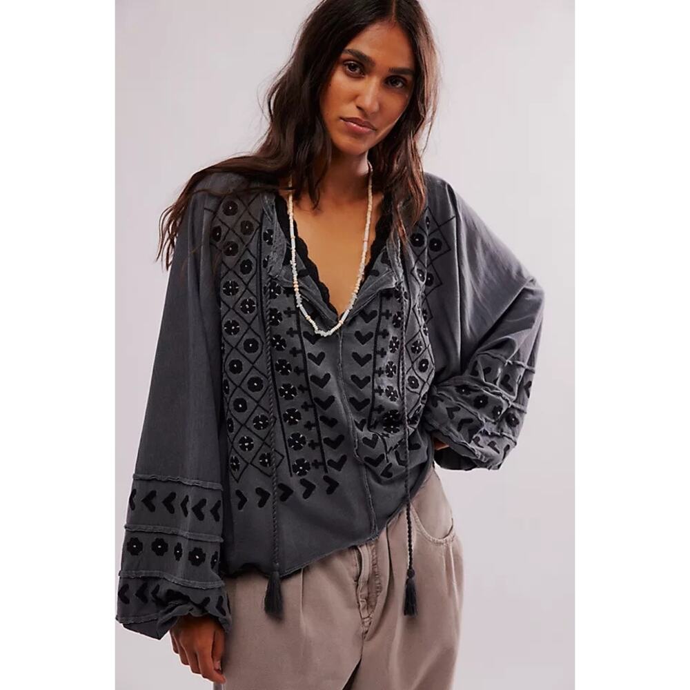 Free People Gray Embroidered Blouse